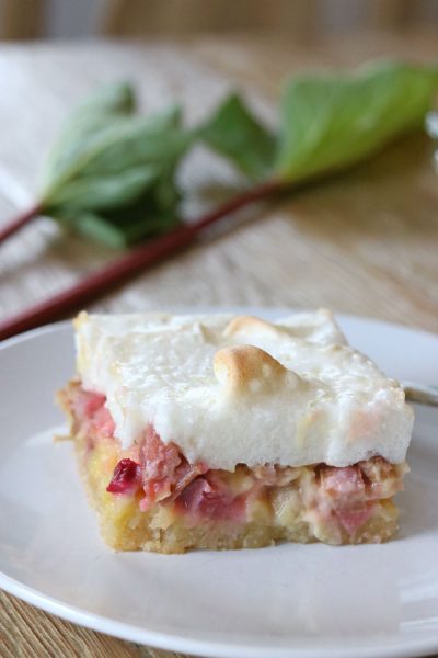 rhubarb torte dessert on white plate