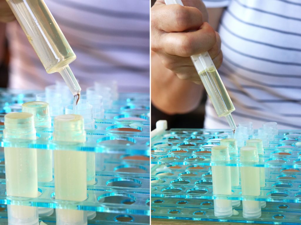 pouring lip balm oils into lip balm containers using a syringe