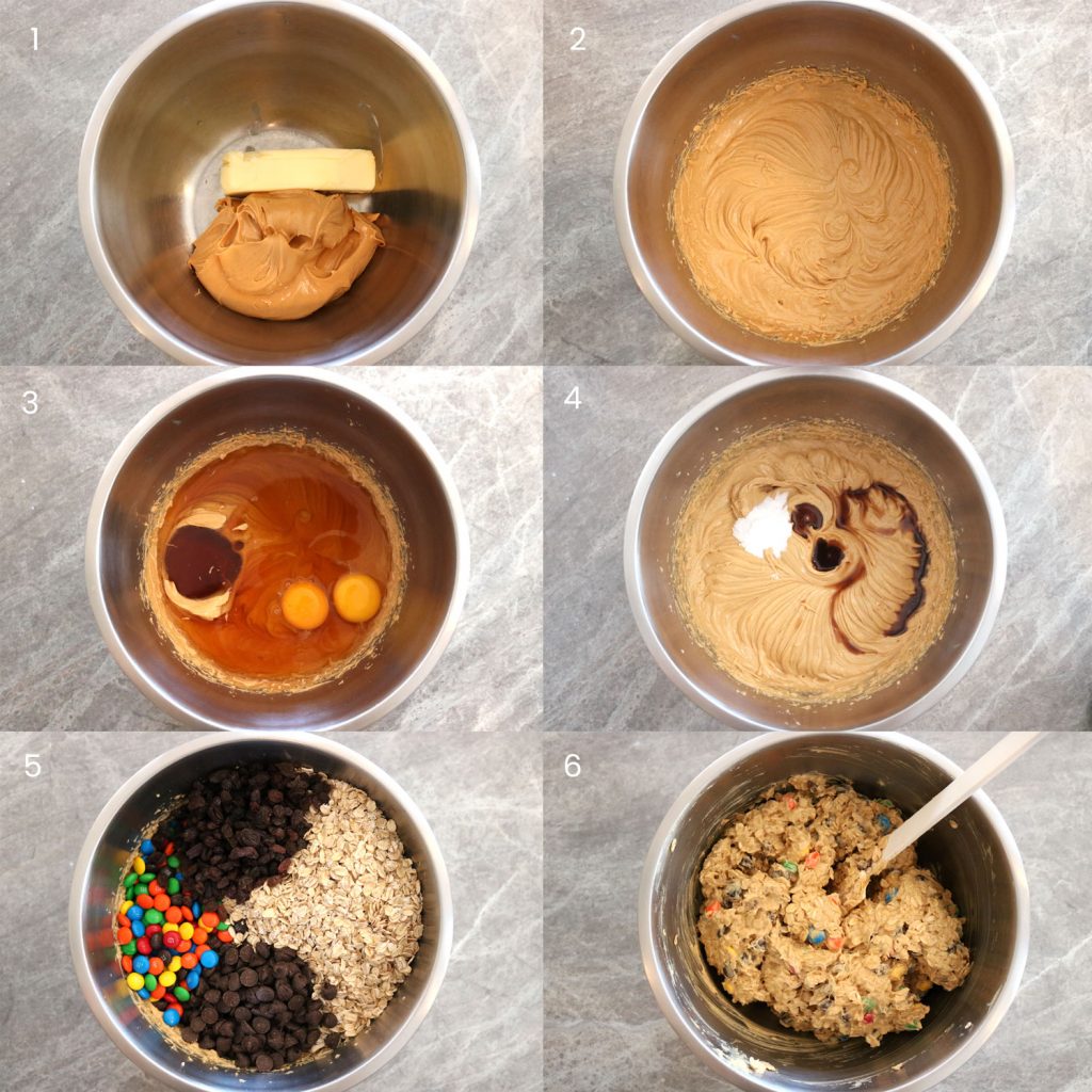photos showing the steps to make no-flour monster cookie bars
