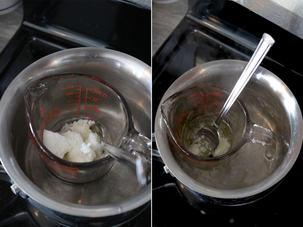 melting oils in a pot of boiling water for tallow lip balm