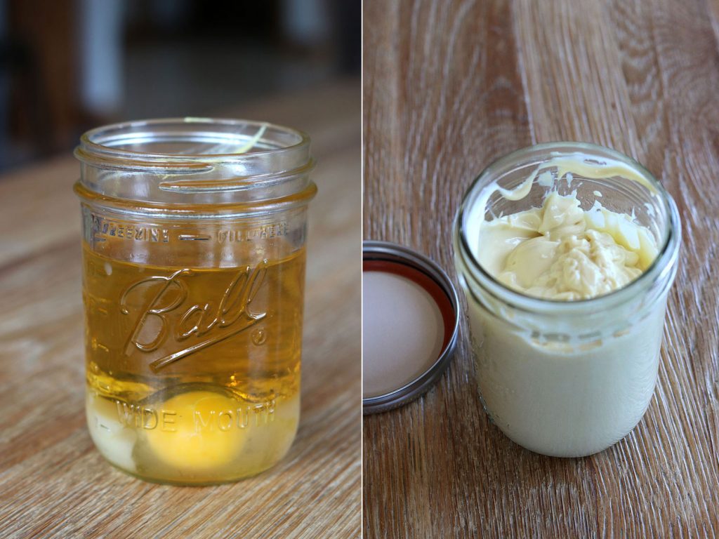 Homemade avocado oil mayo before and after blending.