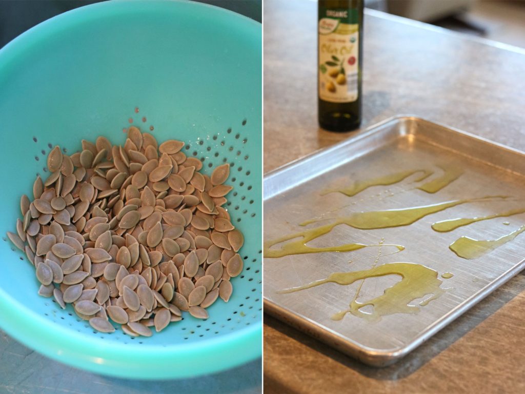 pumpkin seeds in a colander and olive oil on a baking sheet